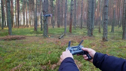 A man controls a quadrocopter in the forest. Stock Footage 117986488
