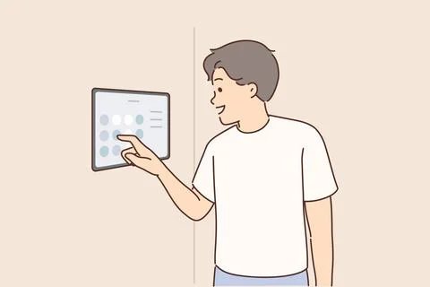 Man controls smart home system using digital panel hanging on wall to turn iot Stock Illustration