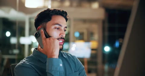 Man, conversation and phone call in office with computer for smile, finance chat Stock Footage 336307597