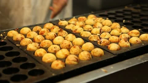 Man Cook Chef Turn Meat Balls Sphere Dumplings Japanese Meals Street Fast Food Stock Footage 12448440