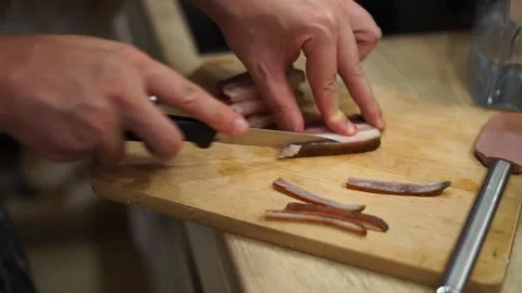 Man cook husband cutting slicing bacon italian pancetta pasta carbonara homemade Stock Footage 293248404