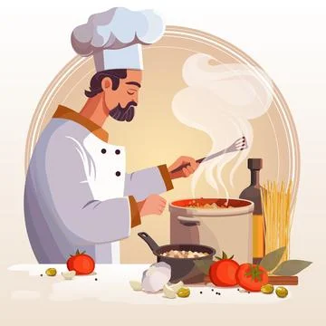 Man cooking in the kitchen. Flat style vector illustration. 스톡 일러스트
