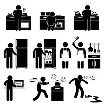 Man Cooking Kitchen Using Washing Equipment Stick Figure Pictogram Icon Stock Illustration