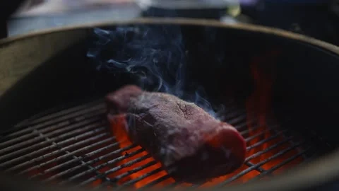 A man is cooking meat on a grill Stock Footage 295369356