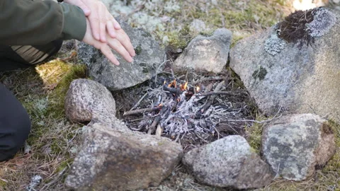 Man Cooking Over a Fire Pit in Scandinavian Forest Video stock 333402914