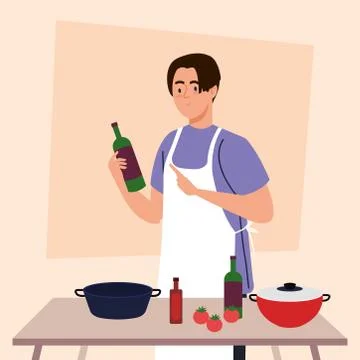 Man cooking using apron and wooden table with pots, vegetables and kitchen Stock Illustration