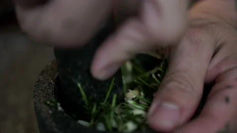 Man Cooking Using Mortar and Pestle to Crush Garlic with Spices, Closeup Shot Stock Footage 142487406