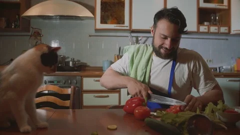 A man cooks in the kitchen beside him sits a funny beautiful cat Stock Footage 71641929