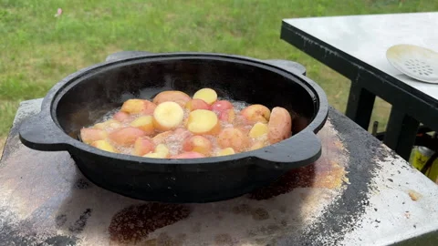 A man cooks potatoes on a grill. Brazier on an open fire. Stock Footage 279802912