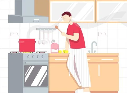 Man cooks soup. Cooking process in kitchen interior. Stock Illustration