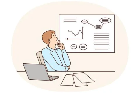 Man corporate manager happily looking at growing charts of increasing profits Stock Illustration