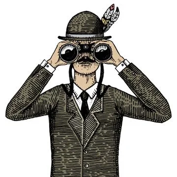 Man in costume looking through the binoculars, spyglass vintage old engraved or Illustrazione stock