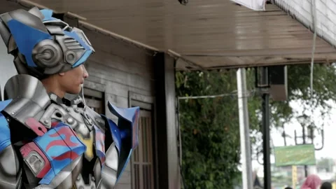 Man in costumed character robot, close up Stock-Footage 131036978