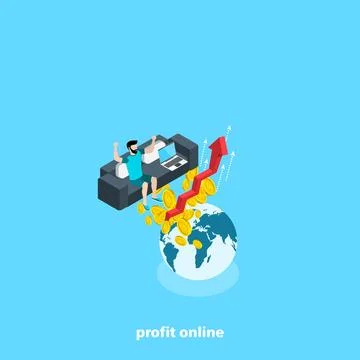 Man on the couch with a laptop soared above the globe in awe of the man on th Stock Illustration