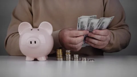 Man counting dollar bills in his hands with piggy bank in front Stock Footage 241030763