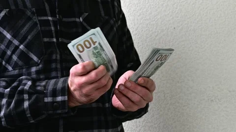 Man Counting Large Stack of Hundred Dollar Bills, Cash Money Stock Footage 346058054