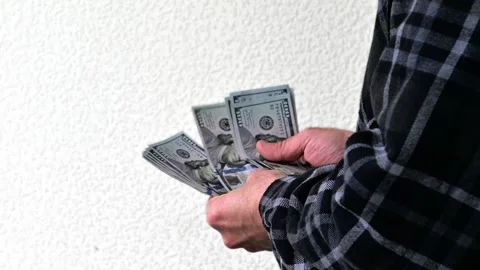 Man Counting Large Stack of Hundred Dollar Bills, Cash Money Stock Footage 346058067