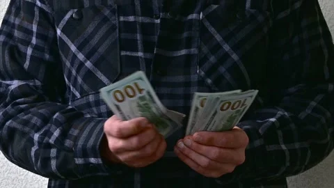 Man Counting Large Stack of Hundred Dollar Bills, Cash Money Stock Footage 346058445