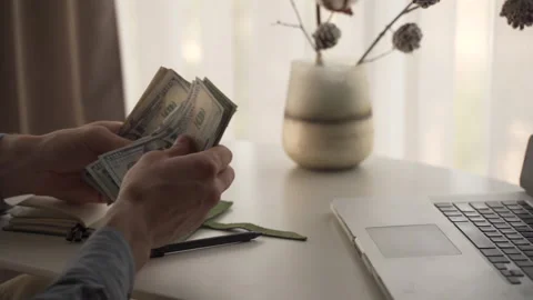 Man counting many dollars 100 banknotes. Concept of wealth, family budget. Stock Footage 162505776