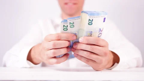 Man counting pack of twenties 500 euros 2 notes 20EUR banknotes footage. Money c Stock-Footage 233207304