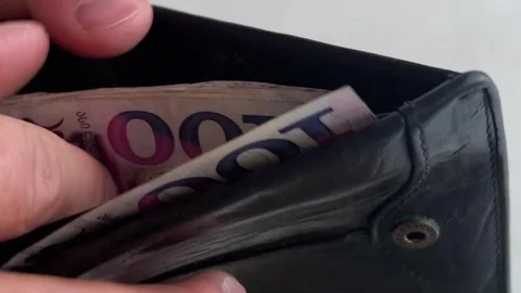 Man counts and takes one hundred lari from wallet Video stock 306263041