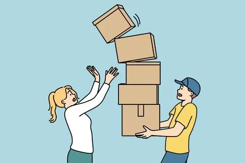 Man courier carries stack of boxes and drops one of parcels standing near woman Stockillustratie