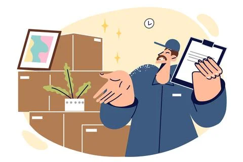 Man courier helping someone move to new home or relocation stands near cardboard Stock Illustration
