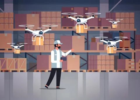 Man courier hold wireless remote control parcel drones air delivery modern Stockillustratie