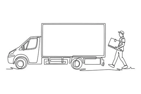 Man courier holding parcel package behind cargo truck Stock Illustration