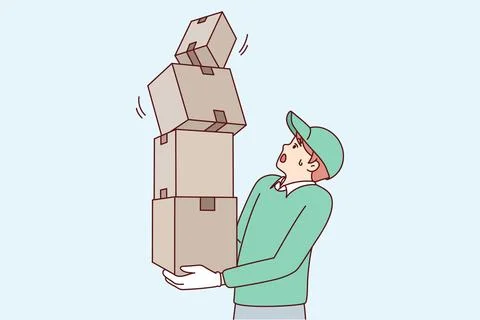 Man courier holds several boxes as he looks frightened at falling package Stock Illustration