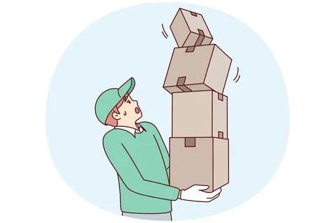 Man courier holds several boxes as he looks frightened at falling package Stockillustratie