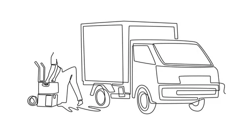 Man courier loading cardboard boxes onto trolley cart behind mini cargo van Stock Footage 342801515