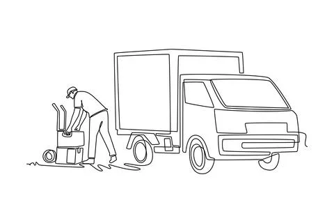 Man courier loading cardboard onto trolley cart behind cargo van Stock Illustration