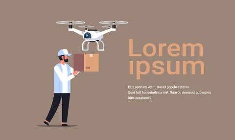 Man courier send parcel drone air delivery modern logistic system fast shipping イラスト素材