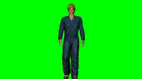 Man in coveralls and hardhat walks toward camera green screen Stock Footage