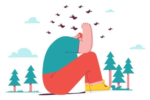 A Man Covers His Face Because He's Afraid of Birds. Paranoia Illustration Stock Illustration