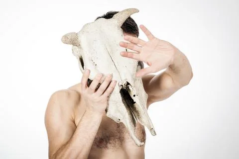 A man with a cow skull Stock Photos