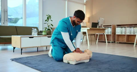 Man, cpr dummy and nurse training, medical student and learning resuscitation in 库存影片 301019943