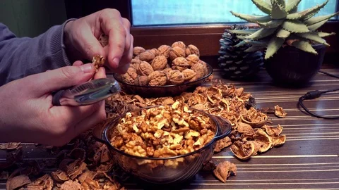 Man cracking nuts with metal nutcracker, close up. Stock Footage 87503823