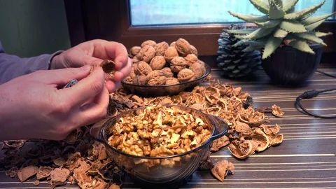 Man cracking nuts with metal nutcracker, close up. Stock Footage 87503829