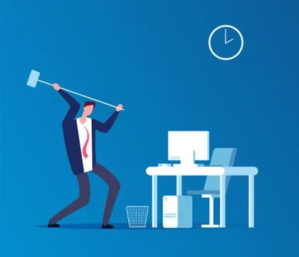 Man crashes computer. Frustrated angry user with hammer crashing workplace in Stock Illustration