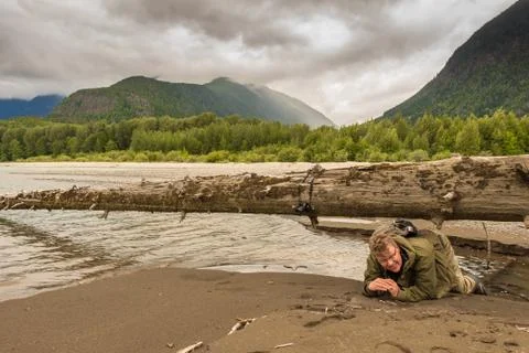 A man crawling under a large fallen tree in British Columbia, Canada Stock Photos