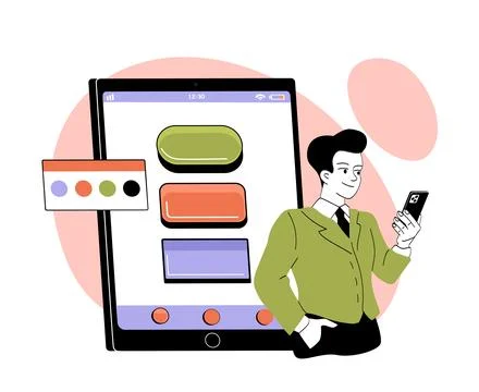 Man create design for app. Young guy near smartphone with templates of buttons Stock Illustration