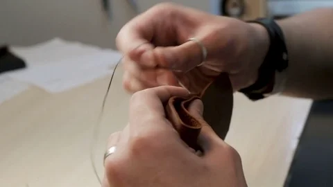 Man create a leather products handmade close-up 스톡 동영상 81986029