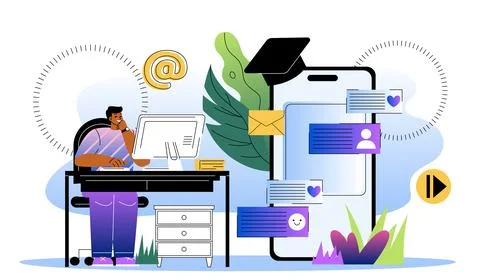 Man create social media content. Young guy behind computer screen will send Stock Illustration