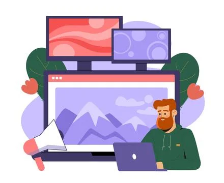 Man creates banners. Young guy with laptop creates posters for website. Graphic 스톡 일러스트