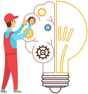 Man creates new idea. Light bulb with gears. Creation of solution, development Stock Illustration