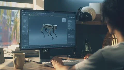 Man creating 3D prototype of robot on pc Foto stock