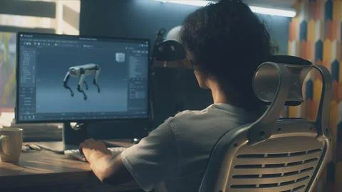 Man creating 3D prototype of robot on pc Foto stock