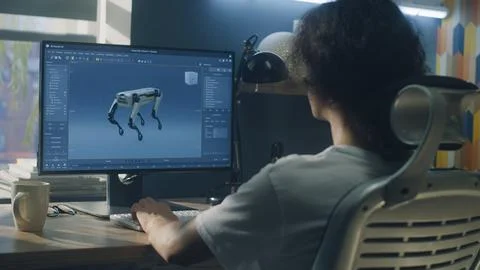 Man creating 3D prototype of robot on pc Stockfoto's